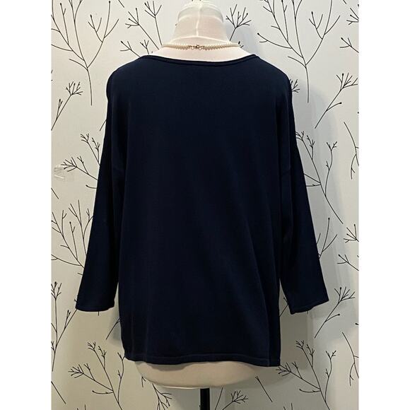 J.JILL WEAREVER Womens M Navy White Asymmetrical Stripe Knit Top Nautical Preppy - Picture 3 of 5